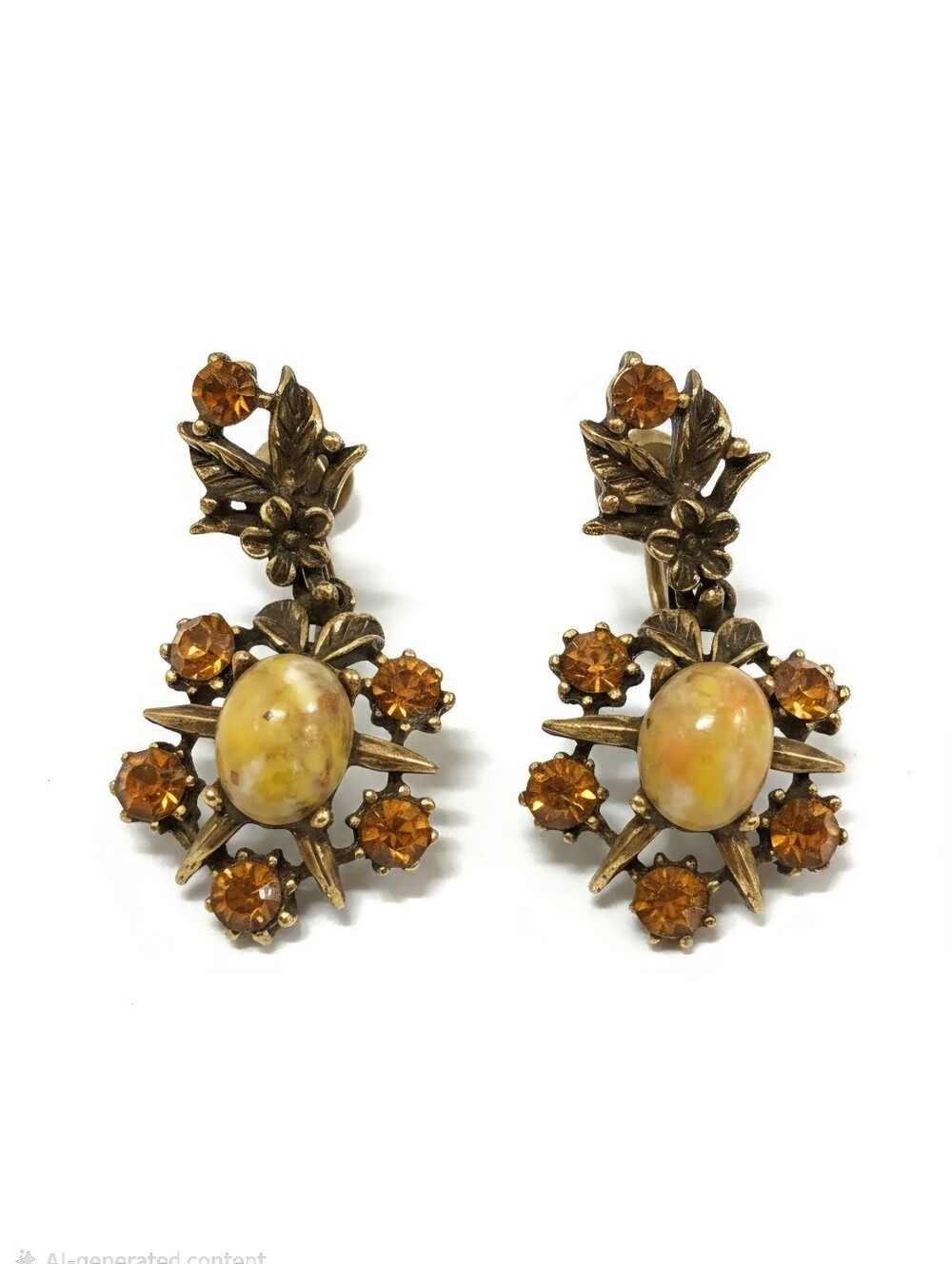 Vintage Coro Victorian Revival   Amber Colored Rhinestone Screwback Earrings